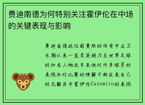 费迪南德为何特别关注霍伊伦在中场的关键表现与影响
