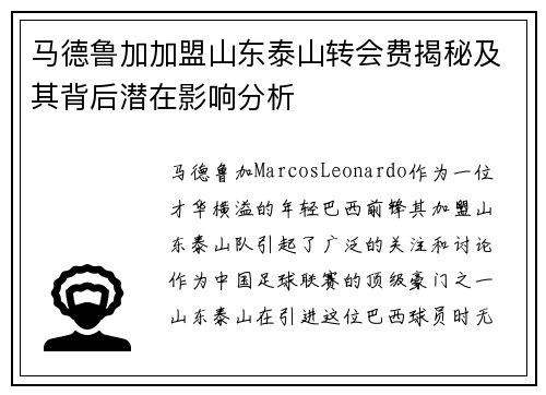 马德鲁加加盟山东泰山转会费揭秘及其背后潜在影响分析