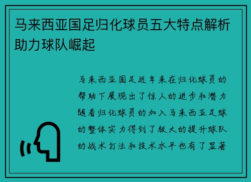 马来西亚国足归化球员五大特点解析助力球队崛起